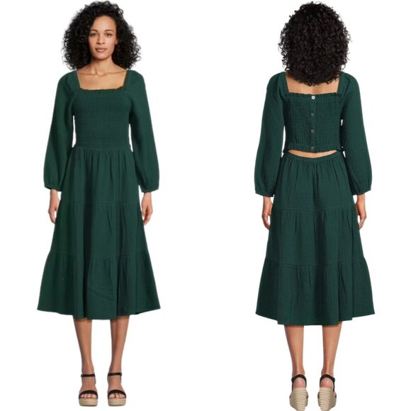 BeachLunchLounge Gauzy Smocked Cut Out Tiered Midi Dress Women's XL Green Flowy - Picture 1 of 16